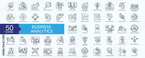 Business analytics icon collection set with data visualization,  key performance indicator, strategic planning, continuous improvement, quality control 