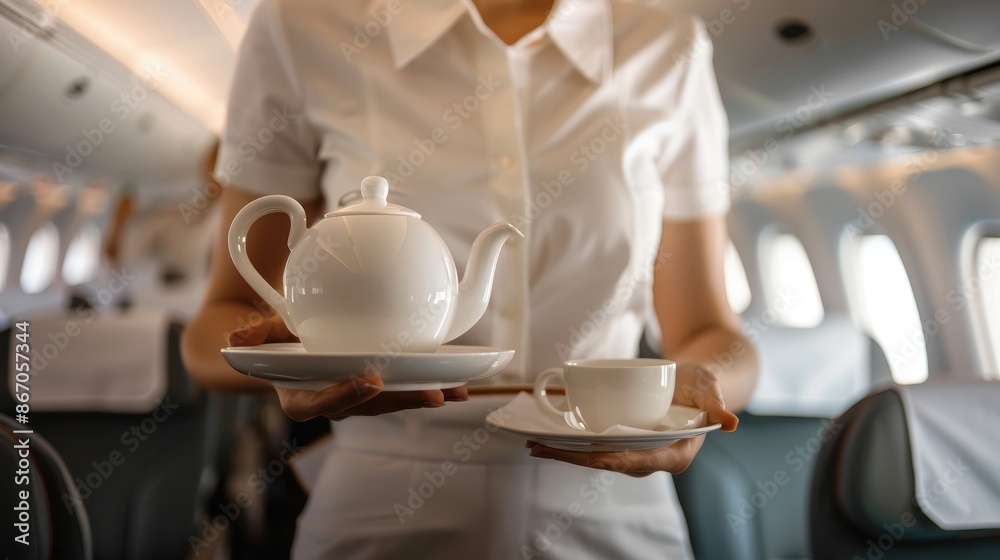 Flight attendant serving beverage to passenger Flight attendant serving beverage to passenger