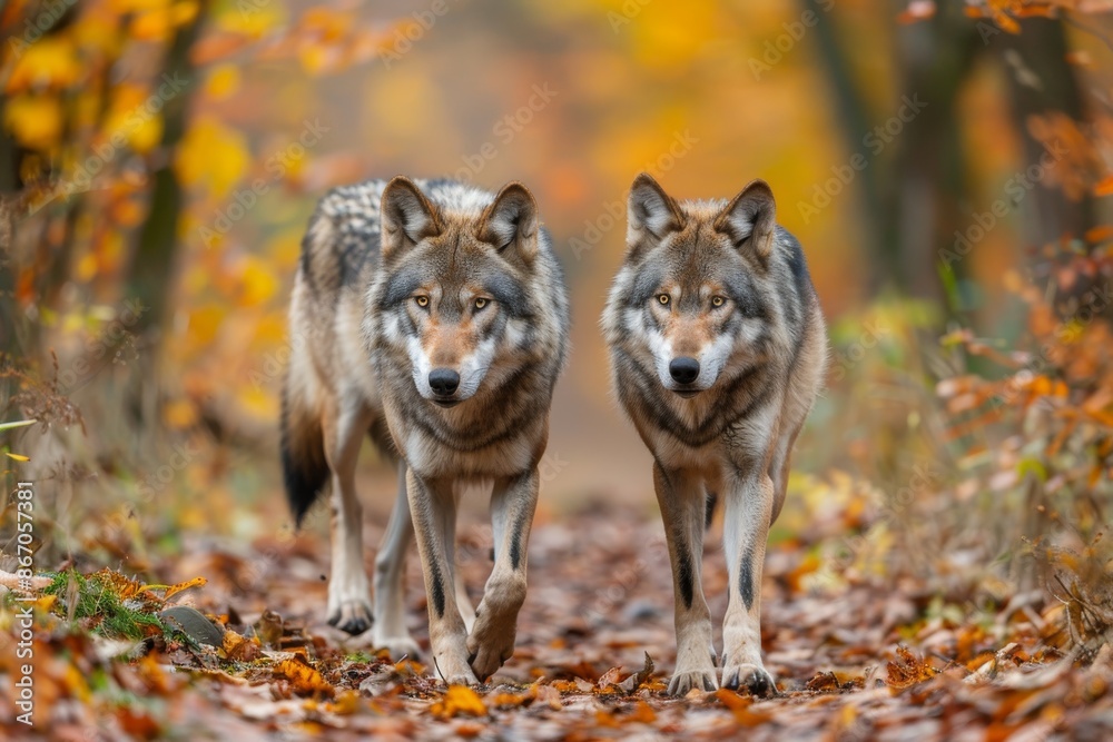 Fototapeta premium Two gray wolves strolling along a forest path during autumn, surrounded by colorful foliage.