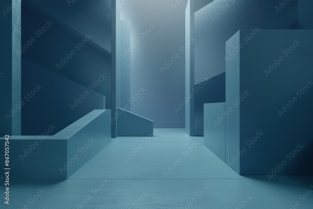 Abstract minimalist architecture background, empty blue room interior. Modern stage with geometric shapes, empty space in dark. Concept for product display, exhibitions, presentations, 3D render.