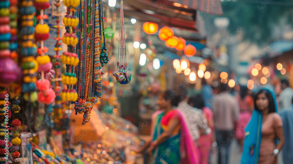 Fototapeta premium Market Stalls in India - People browsing market stalls in India with Independence Day goods, colorful and vibrant