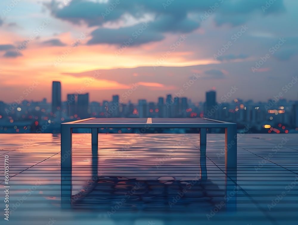 Naklejka premium Stylish Metal Table by Rooftop Pool with Urban Skyline View in Contemporary Setting