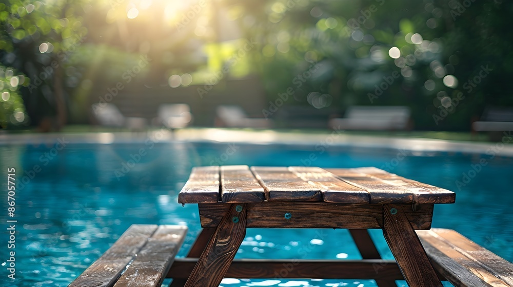Wooden Picnic Table by Family Pool with Vibrant Nature Environment for Casual Product Display Wooden Picnic Table by Family Pool with Vibrant Nature Environment for Casual Product Display