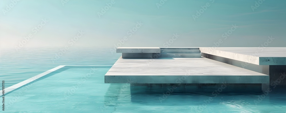 Fototapeta premium Modern Minimalist Concrete Table by Tranquil Pool Ready for Stylish Product Photography