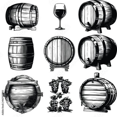 Old Engraving Style Beer and Wine Barrels Collection