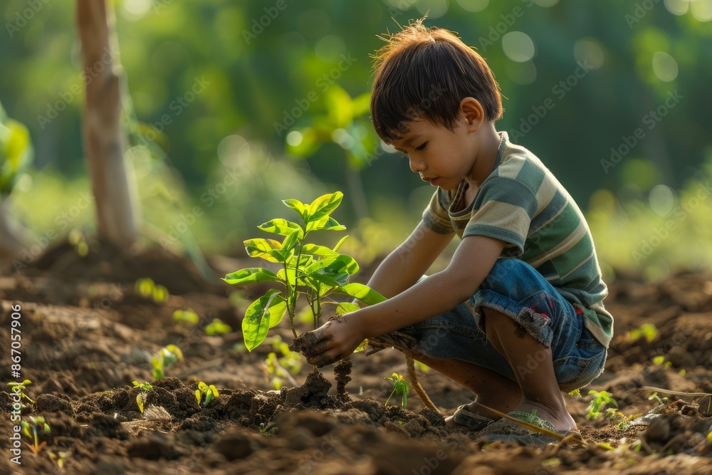 Young boy carefully planting a tree sapling in the farm, promoting environmental awareness and sustainability Young boy carefully planting a tree sapling in the farm, promoting environmental awareness and sustainability