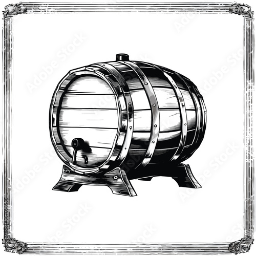 Old Engraving Style Beer Barrel with Decorative Border