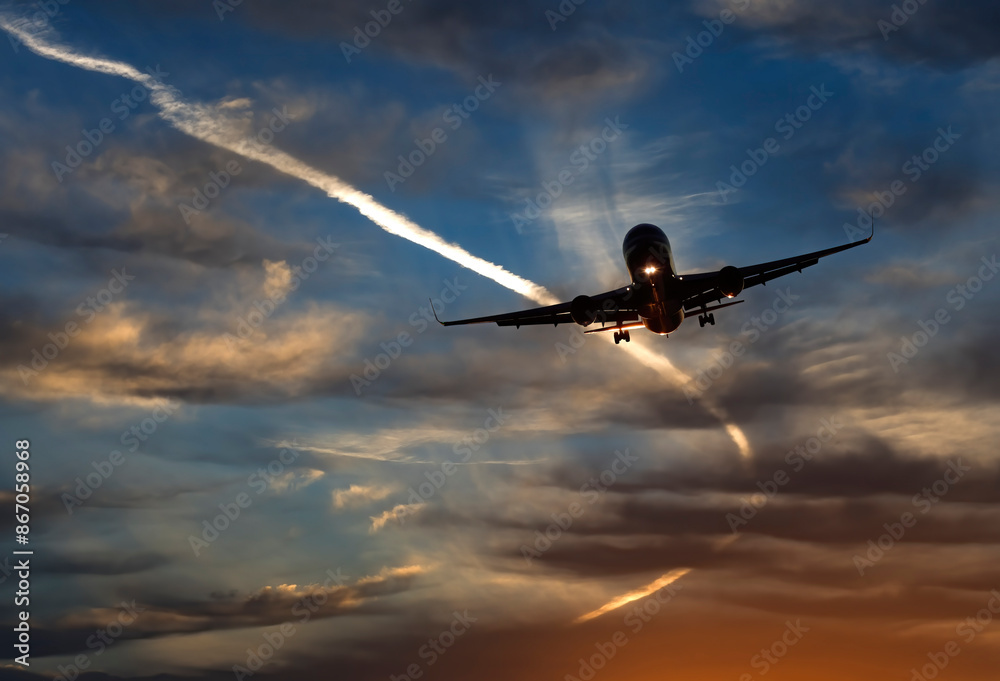 Landing airplane at colorful sunrise with beams of sun lights. Concept of transport, weather, travel and happy vacation