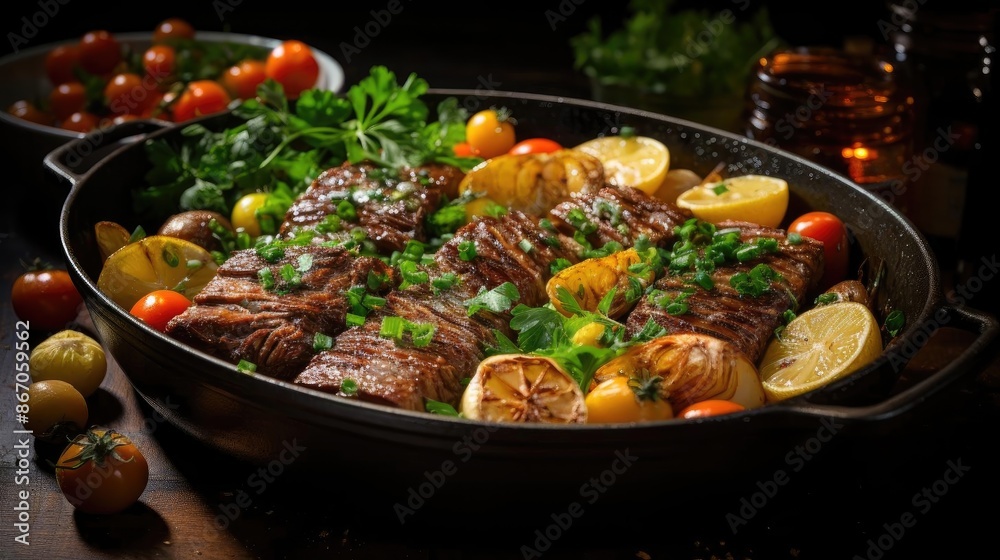 delicious pot roast meat with black and blur background delicious pot roast meat with black and blur background