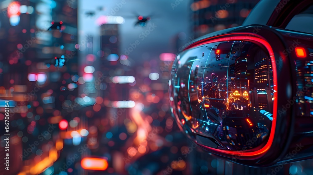 Futuristic City Seen Through VR Headset with Neon Lights and Flying Cars Futuristic City Seen Through VR Headset with Neon Lights and Flying Cars