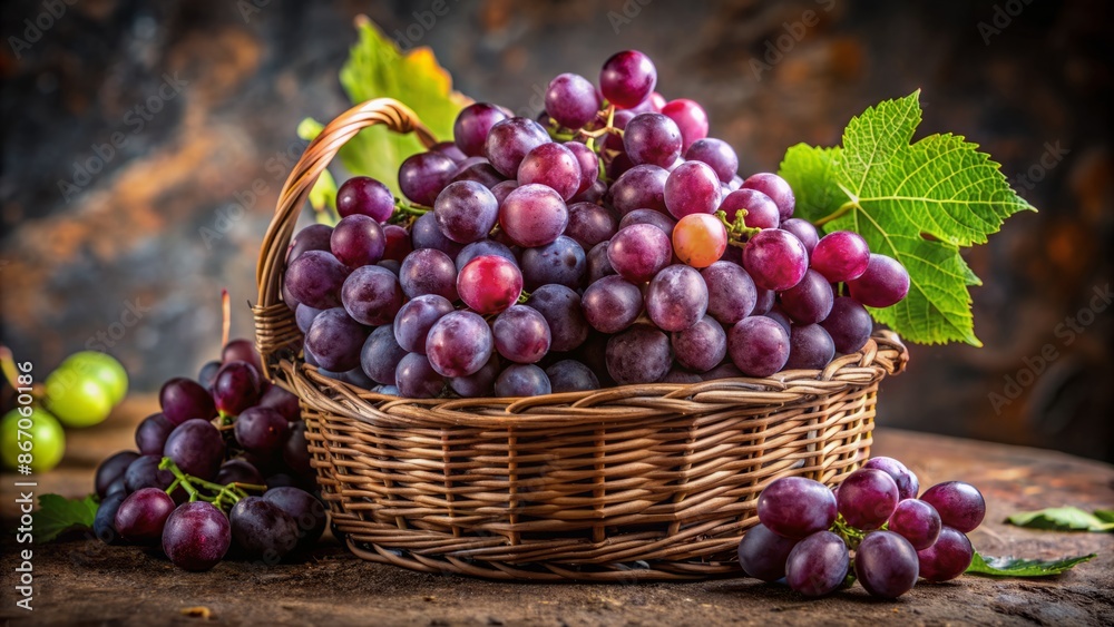 Vibrant purple grapes overflowing from a wicker basket, beautifully lit on a rustic stone background with subtle earthy tones. Vibrant purple grapes overflowing from a wicker basket, beautifully lit on a rustic stone background with subtle earthy tones.