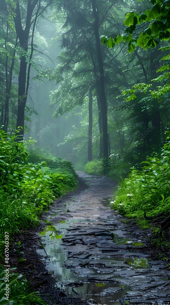 Fototapeta premium Serene Rainy Forest Trail with Vibrant Greenery and Misty Atmosphere