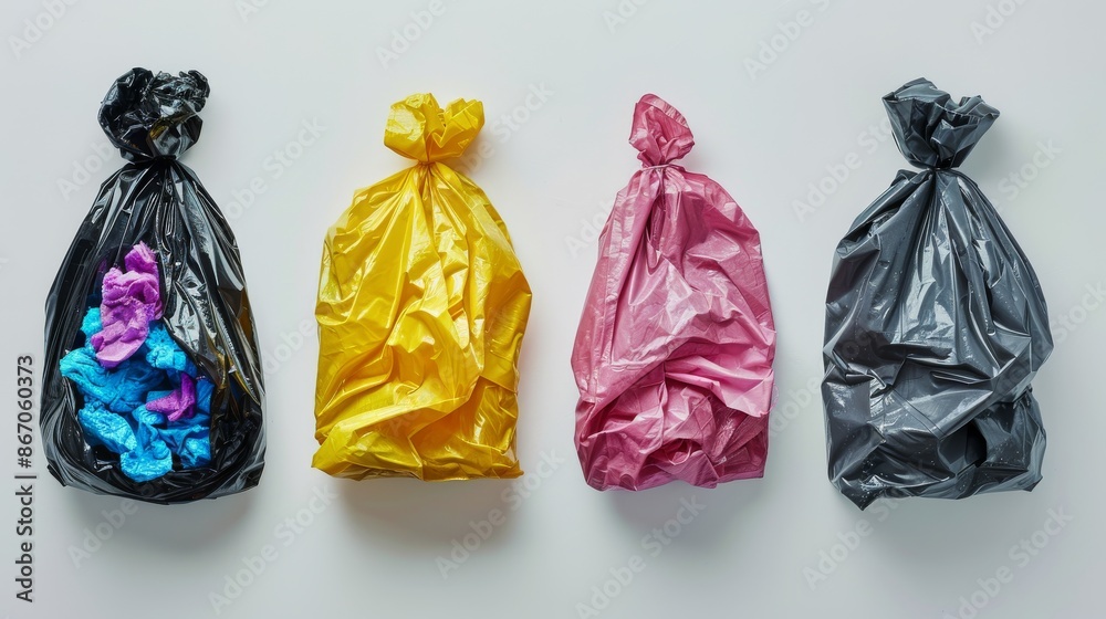 Four Colorful Plastic Garbage Bags Lined Up On A White Surface Four Colorful Plastic Garbage Bags Lined Up On A White Surface