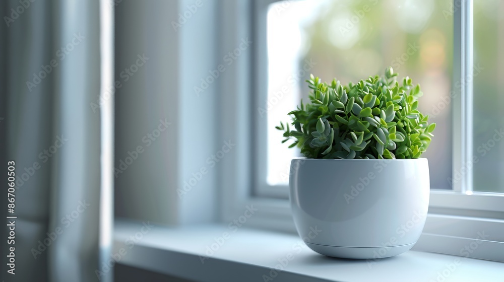 Fresh herbs in a pot, like basil or thyme, on a windowsill for home cooking Fresh herbs in a pot, like basil or thyme, on a windowsill for home cooking