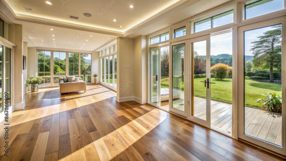 Fototapeta premium Bright and airy living room corridor featuring light oak flooring, matching door carpentry, and expansive windows with stunning outdoor views.