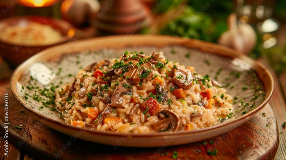 A burst of rich flavors in every bite thanks to the wild mushrooms that infuse their essence into the risotto. A burst of rich flavors in every bite thanks to the wild mushrooms that infuse their essence into the risotto.