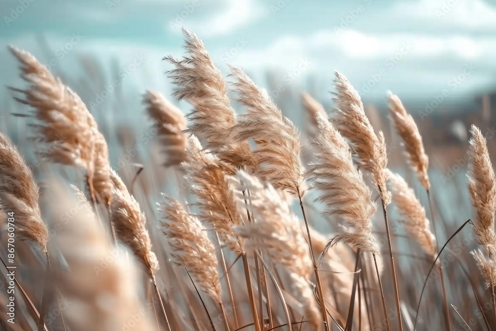 Fototapeta premium Pampas grass outdoor in light pastel colors. Dry reeds boho style.