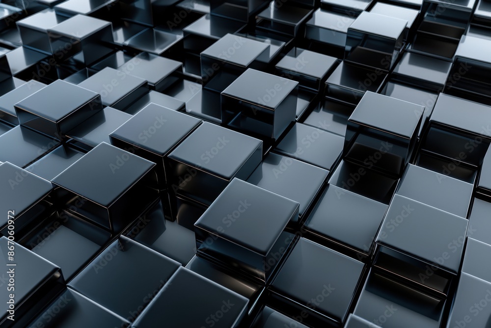 Abstract background of black cubes with reflections. 3D render illustration of a geometric pattern, ideal for technology, architecture, or modern design concepts. Abstract background of black cubes with reflections. 3D render illustration of a geometric pattern, ideal for technology, architecture, or modern design concepts.