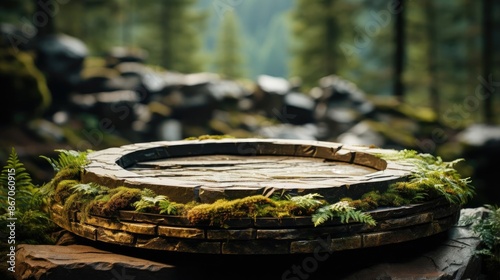podium product stand or display with leaf, rock, forest background and cinematic light