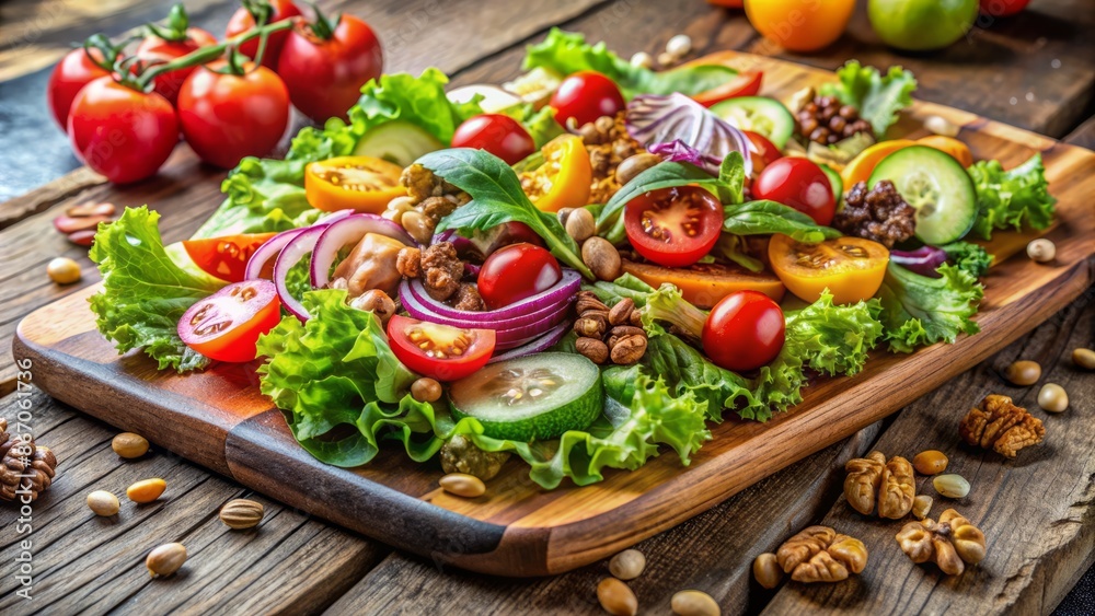 Vibrant mix of fresh vegetables, crisp lettuce, juicy tomatoes, and crunchy nuts artfully arranged on a rustic wooden cutting board. Vibrant mix of fresh vegetables, crisp lettuce, juicy tomatoes, and crunchy nuts artfully arranged on a rustic wooden cutting board.