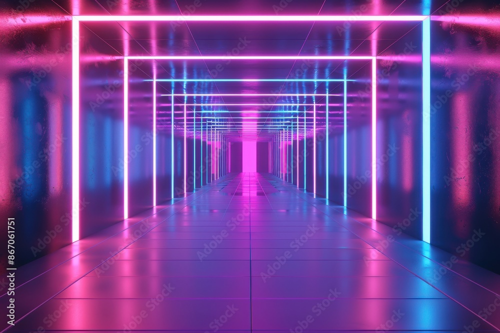 Neon Tunnel with Purple and Blue Lights. Abstract Background for Gaming, Music, or Futuristic Concepts Neon Tunnel with Purple and Blue Lights. Abstract Background for Gaming, Music, or Futuristic Concepts