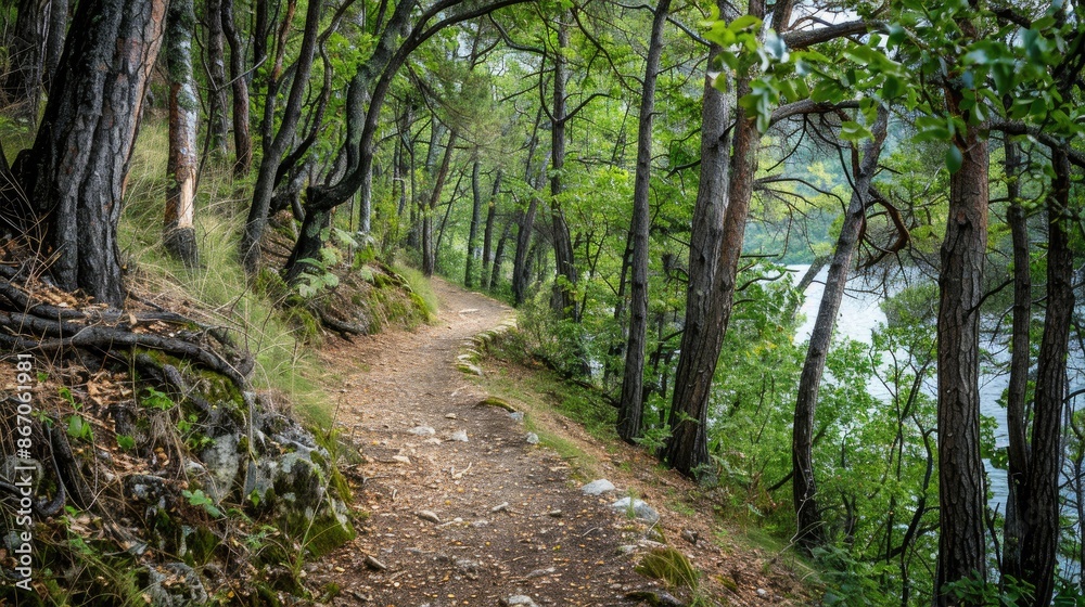 Hiking path through forested backdrop Hiking path through forested backdrop