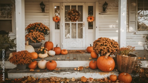 Front door entrance decorating with pumpkins and flowers. Autumn, fall concept