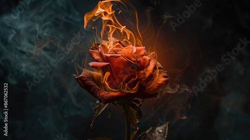 Burning roses dark background,with burning fire