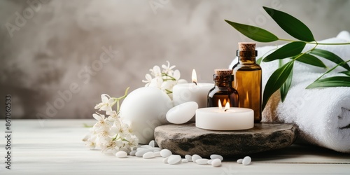 Spa Relaxation with Candles, Essential Oils, and Flowers