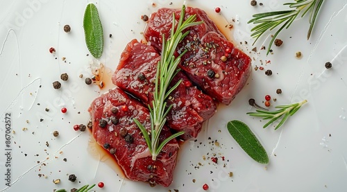 Three Raw Beef Steaks With Rosemary and Peppercorns on White Background