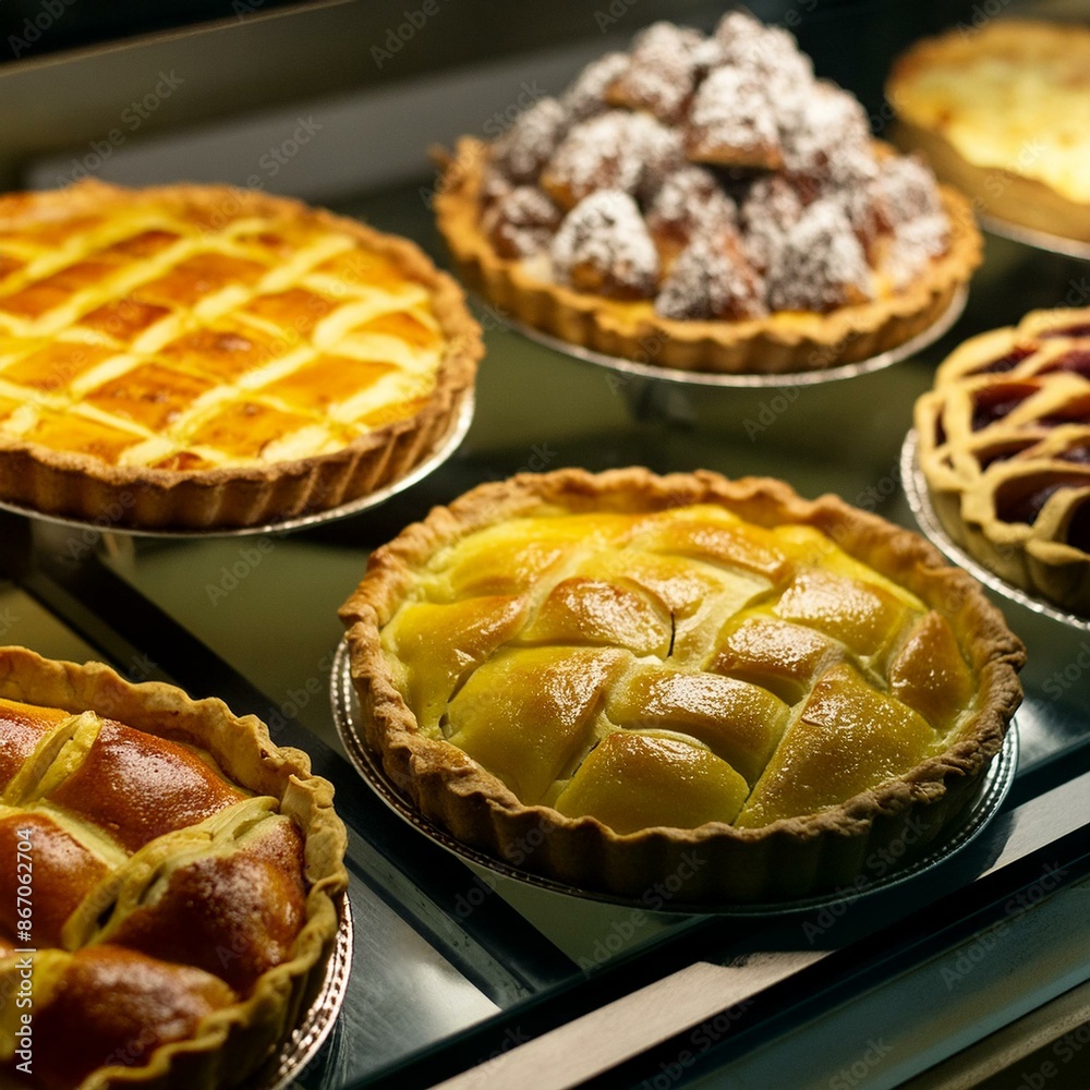 Variety of pies in a display window for sale; delicious, tasty gourmet pastries close up with selective focus Variety of pies in a display window for sale; delicious, tasty gourmet pastries close up with selective focus