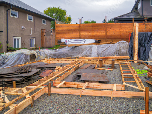 Wooden formwork for concrete pouring of the foundation of the new house
