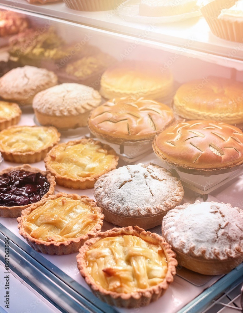 Variety of pies in a display window for sale; delicious, tasty gourmet pastries close up with selective focus Variety of pies in a display window for sale; delicious, tasty gourmet pastries close up with selective focus