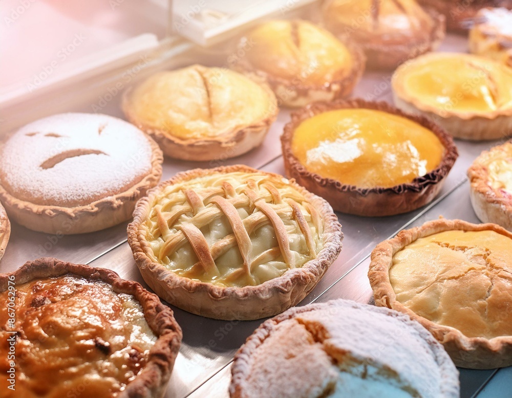 Variety of pies in a display window for sale; delicious, tasty gourmet pastries close up with selective focus Variety of pies in a display window for sale; delicious, tasty gourmet pastries close up with selective focus