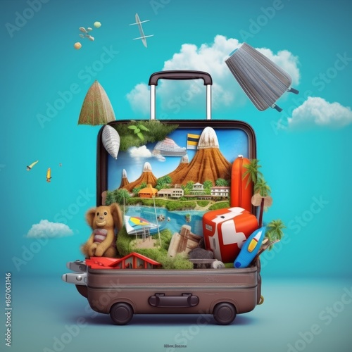 Time to travel concept. Open travel suitcase with famous world tourist destination. 3D illustration on isolated background