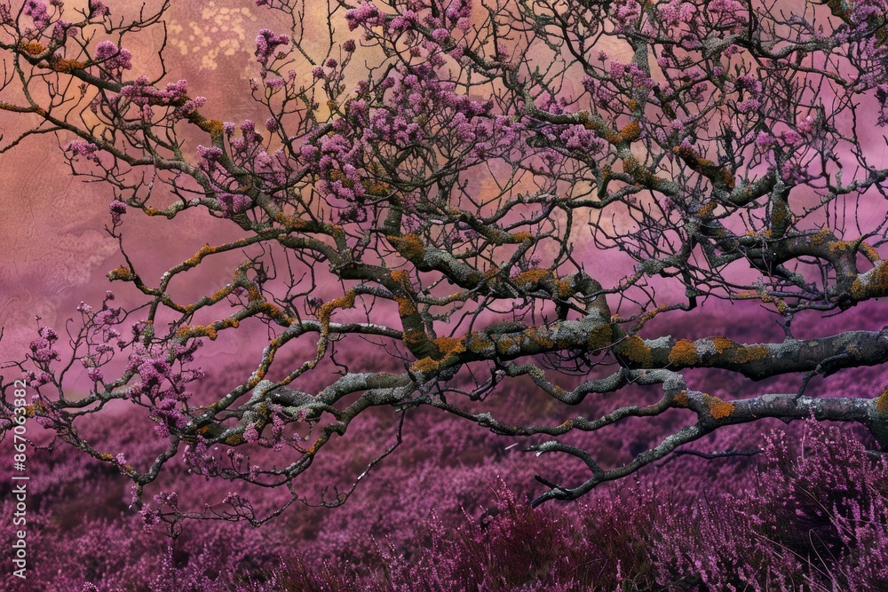 Gnarled tree with pink blossoms growing over a field of purple heather in the spring Gnarled tree with pink blossoms growing over a field of purple heather in the spring