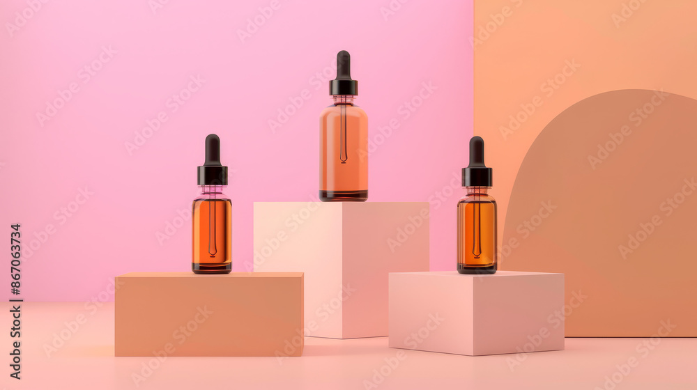 Beauty natural skincare product mock up. Serum or Collagen Dropper Bottles on different geometric podiums. Skincare products presentation. Beauty natural skincare product mock up. Serum or Collagen Dropper Bottles on different geometric podiums. Skincare products presentation.