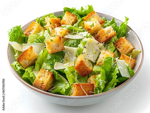 Classic Caesar Salad with Croutons and Parmesan in a Bowl on White Background