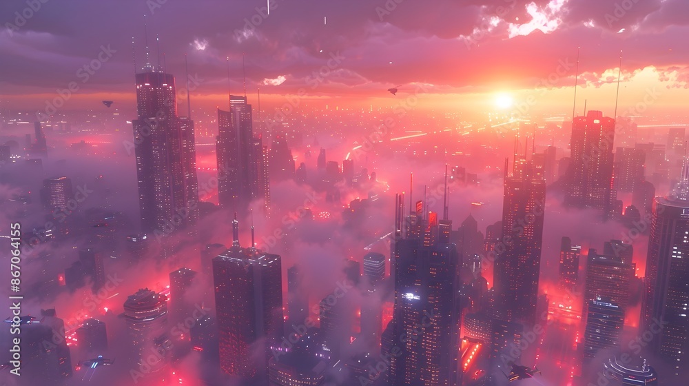 Fototapeta premium Futuristic Cityscape at Dawn with Skyscrapers and Flying Vehicles in Virtual Reality