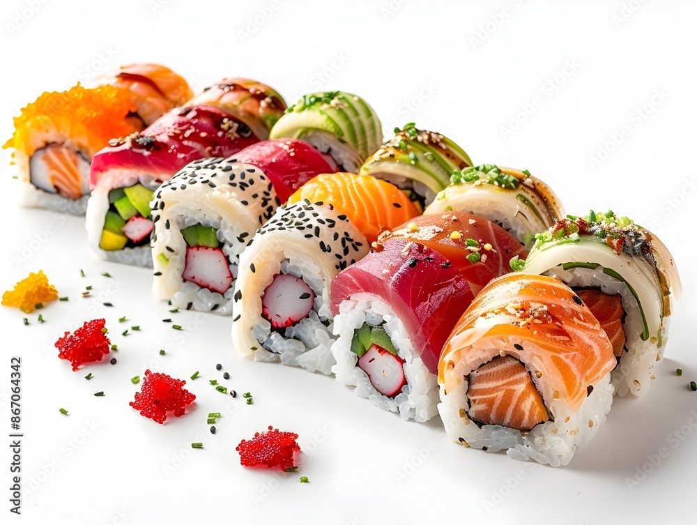 Artfully Arranged Sushi Rolls on a Minimalist White Background Artfully Arranged Sushi Rolls on a Minimalist White Background