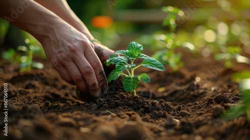 Gardener's Hands Planting Seedling in Soil - Generative AI photo