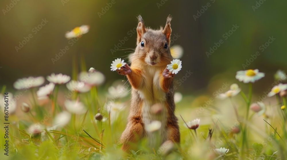 Obraz premium a cute little squirrel stood behind him in a bed of daisies