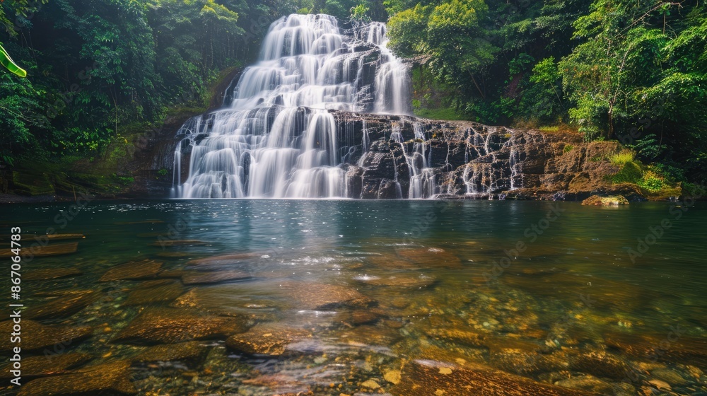 A scenic campsite with a view of a majestic waterfall cascading into a clear pool, surrounded by lush greenery. A scenic campsite with a view of a majestic waterfall cascading into a clear pool, surrounded by lush greenery.