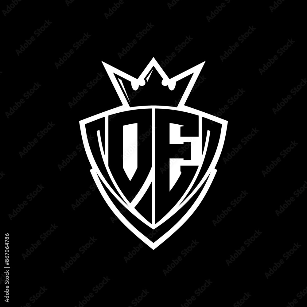 OE Letter logo with sharp triangle shield shape with crown inside white outline on black background template design OE Letter logo with sharp triangle shield shape with crown inside white outline on black background template design