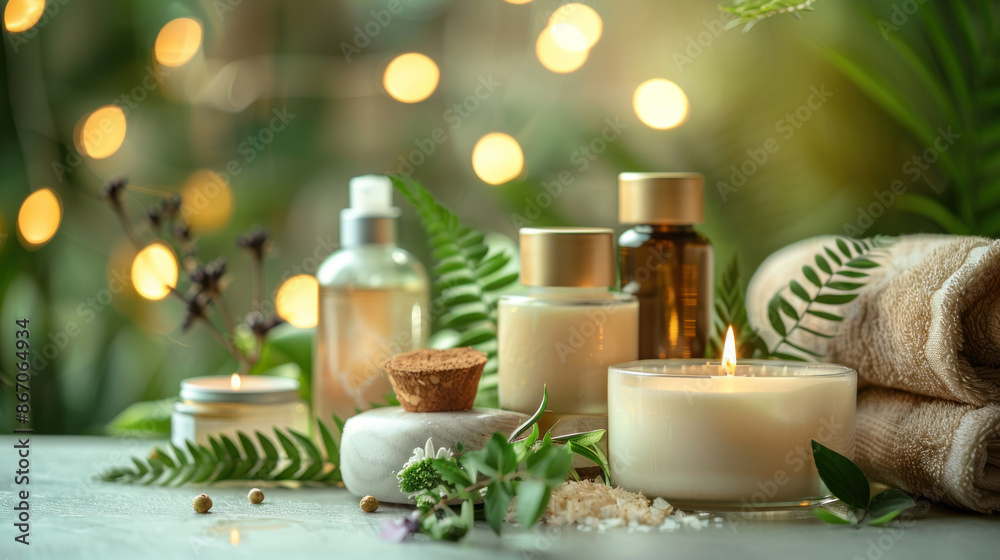 Spa and wellness concept. burning candles, essential oil, towels and green plants on marble table. Relaxation, aromatherapy and body care background Spa and wellness concept. burning candles, essential oil, towels and green plants on marble table. Relaxation, aromatherapy and body care background
