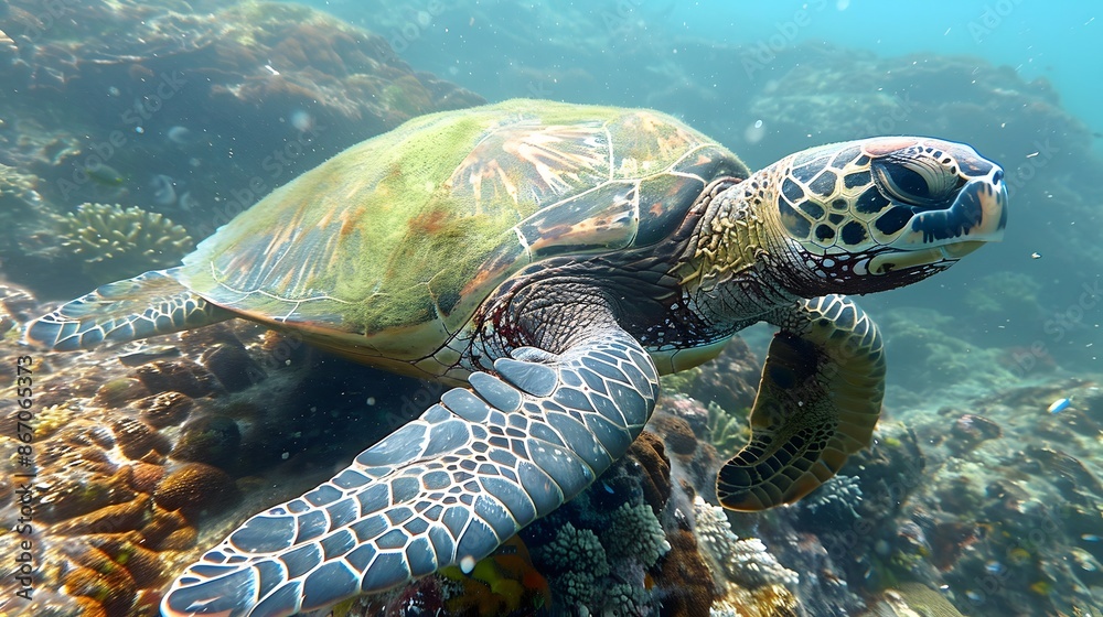 Obraz premium An endangered Hawaiian Green Sea Turtle cruises in the warm waters of the Pacific Ocean in Hawaii. 