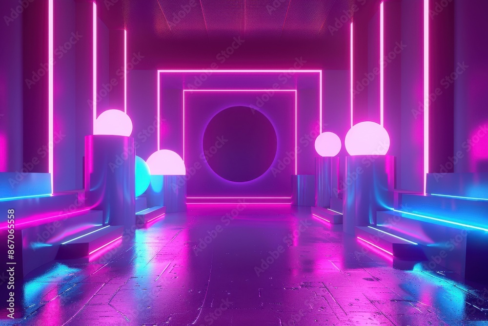 Neon Cyberpunk Background. Futuristic Glowing Hallway in Purple and Blue Neon Cyberpunk Background. Futuristic Glowing Hallway in Purple and Blue