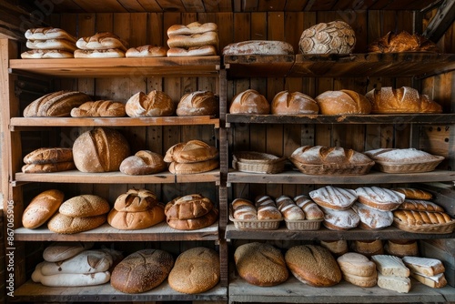 Freshly baked loaves of bread are sitting on wooden shelves, filling a bakery display with delicious and aromatic treats