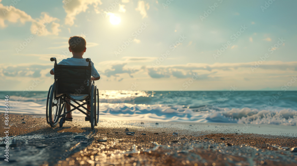 A disabled boy is sitting in a wheelchair on the beach by the sea. The view from the back. In the background, you can see the sun setting A disabled boy is sitting in a wheelchair on the beach by the sea. The view from the back. In the background, you can see the sun setting