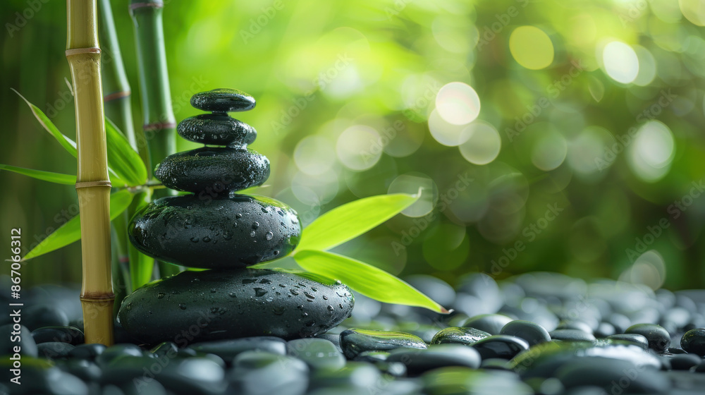 Black zen stones stacked in pyramid shape for balance and meditation near bamboo in peaceful garden. Concept of relaxation, wellness, mindfulness and harmony. Black zen stones stacked in pyramid shape for balance and meditation near bamboo in peaceful garden. Concept of relaxation, wellness, mindfulness and harmony.